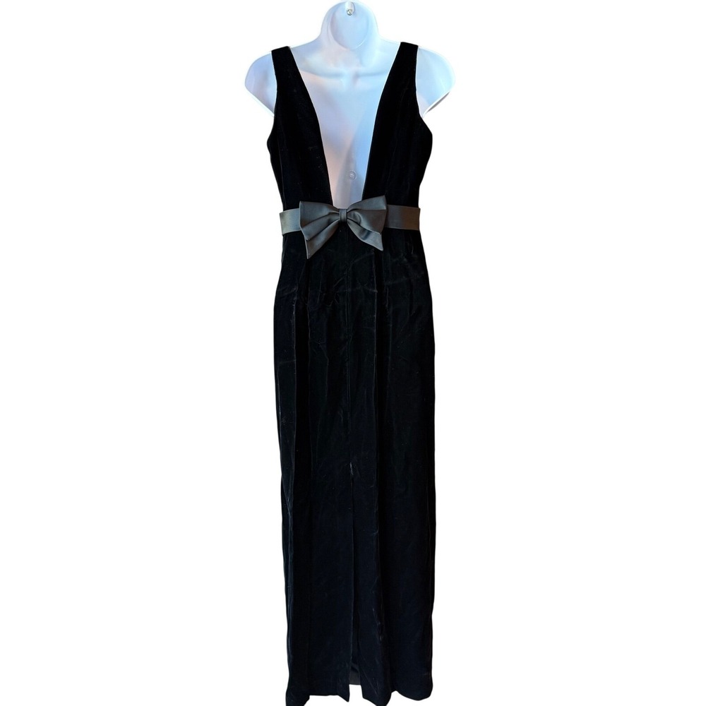 LAUNDRY By Shelli Segal Long Velvet Formal Evening Dress Bow Detail‎ Black Sz 4